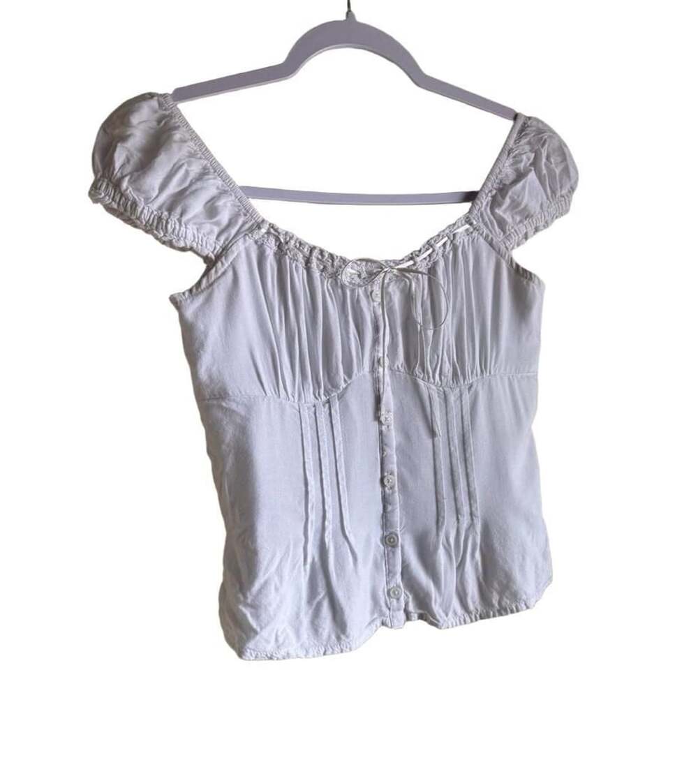 Hollister Off Shoulder Top Size XS White Ruffle Button Up Peasant Blouse